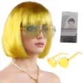 Parrucca bob gialla con occhiali da sole a forma di cuore e retina per festa e costume - Giallo