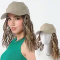 Casquette de baseball kaki élégante avec extensions de cheveux bouclés longs. - Brun Foncé