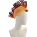 Detailed view of the punk mohawk wig in red, yellow and black, displayed on a white mannequin head. - Red & Black