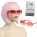 Parrucca bob corta rosa con occhiali da sole a cuore rosso e retina per capelli da festa - Rosa