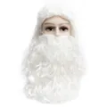 Detailed view of white curly Santa Claus wig and long beard set for holiday costume party. - White