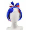 Tricolor bob wig with bow headband, perfect for sports events and party decoration details. - Blue White Red