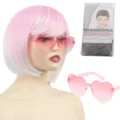 Parrucca bob colorata con set di occhiali da sole a cuore rosa per feste moda cosplay e uso. - Pesca