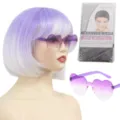 Vista dettagliata parrucca bob viola sfumato con occhiali da sole a cuore e retina per capelli. - Violetto
