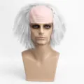 Halloween white bald scientist old man cosplay costume wig with fake skin top for party dress up. - White