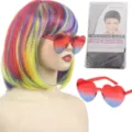 Parrucca corta bob colorata con set di occhiali da sole a cuore per feste e travestimenti. - Arcobaleno