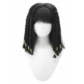 Short black cosplay wig with stylish bangs, braided hair and gold beads for parties. - Black