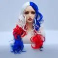 Parrucca lunga ondulata sintetica rossa bianca e blu per festa cosplay spettacolo scenico - Rosso bianco blu