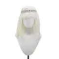 White short cosplay wig with bangs, braided details and colourful gemstone headband for party. - White