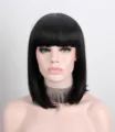 Short black bob wig with bangs, natural shoulder length synthetic hair for daily wear. - Black