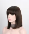 Dark brown shoulder length bob wig with bangs synthetic fiber short hair detailed view - Dark Brown