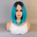 Synthetische blauw groene verloop schouderlengte korte bob pruik steil haar voor vrouwen - Pauwgroen