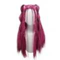 Pink long curly party wig with double horns and braided tinsel strands for cosplay events - Rose Red
