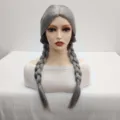 Details of the grey long braided synthetic wig, featuring a middle part and natural look. - Gray