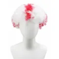 Detailed view of a red and white short curly afro wig for sports fans and party cheering. - Red-White-Red