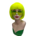 Neon yellow bob wig with bangs short straight synthetic hair party fashion wig green heart sunglasses - Neon Yellow