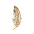 Elegant gold feather brooch with sparkling rhinestones, perfect for women's fashion outfits. - Gold Base White Rhinestone Elegant Safety Pin Feather Style (XD10892)