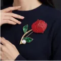 Elegant enamel rose brooch with red crystals, green leaves and pearl accent for women. - Red Rhinestone Enamel Green Leaf Rose Style (824356)