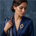 Detailed view of vintage blue gemstone brooch, elegant gold lapel pin for women's blazer. - Gold Style (XD9080-1)