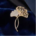 Elegant gold ginkgo leaf brooch with sparkling crystals, fashion women jewelry pin accessory. - Gold Double Leaf Pave Rhinestone Ginkgo Leaf Style (822021)
