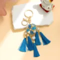 Blue rhinestone hydrangea tassel keychain, alloy metal car key ring and stylish bag charm. - Blue Hydrangea