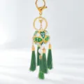 Chinese style green rhinestone embroidered ball keychain with pearls and tassels for car bag charm - Green Hydrangea