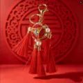 Chinese style red tassel rhinestone ball keychain metal car bag pendant charm gift item - Red Hydrangea