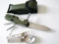 Multifunctional camping pocket knife with fork, spoon, bottle opener and storage pouch. - Army Green