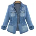 Detailed view of women casual slim fit denim jacket, light blue wash with stylish zipper pockets. - S / Blue