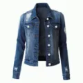 Women's distressed long sleeve denim jacket, classic blue button-up casual outerwear coat. - S / Tops / Dark Blue