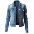 Women's stylish distressed denim jacket detail, casual long sleeve blue jean outerwear. - S / Tops / Light Blue