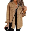 Women casual washed brown denim jacket long sleeve lapel button down vintage outerwear. - S / Tan
