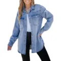 Women casual long sleeve denim shirt vintage washed button down lapel pocket jacket top - S / Blue