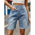 Short en denim bleu clair taille haute pour femmes, short d'été décontracté à revers. - XS / Bleu