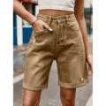 Femme Taille Haute Short en Denim Rebuté Casual Ourlet Roulé Khaki Short Jeans - XS / Beige