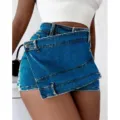 Shorts de jean asymétrique taille haute pour femmes, short d'été décontracté style - S / Bleu foncé