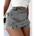 Short en jean asymétrique taille haute pour femme mode été short-jupe décontracté gris vetement - S / Gris