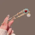 Chinese style U-shaped hair fork with pearl pendant and blue enamel flower design for elegant women. - Single Piece