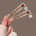 Traditional Chinese style U-shaped hair fork with pearls and red stone pendant for women - 1 Pair