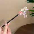Chinese style wooden hairpin with lily of the valley flowers and tassel for Hanfu dress. - Pink