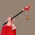 Chinese style wooden hair stick with red floral tassel for Hanfu bun hair styling accessories - Huamoli Red Artificial Pearl Pendant Wooden Hair Stick