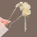 Sweet rose flower U-shaped hair pin with pearl tassel, elegant Hanfu hair accessory. - Beige Fabric Flower Tassel U-Shaped Hair Stick