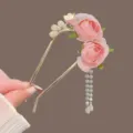 Sweet pink rose U-shaped hair stick with pearl tassels for Hanfu and daily styling. - Grapefruit Pink Fabric Flower Tassel U-Shaped Hair Stick