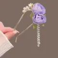 Elegant purple rose hairpin with pearl tassel, sweet U-shaped metal hair stick for women. - Purple Fabric Flower Tassel U-Shaped Hair Stick