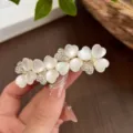 Elegant white heart rhinestone hair clip, crystal flower spring barrette for women. - Clover Spring Clip / Gold