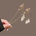 Vintage Gold Hairpin with Pearl Tassels Hollow Round Ball Chinese Hair Accessory - 1 Pair / Gold