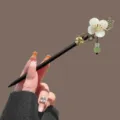 Chinese vintage wooden hair stick featuring white plum flower and green bead drop. - Pear Blossom Peacock Tassel Wooden Hairpin