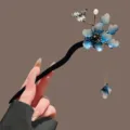 Chinese style blue flower hair stick traditional Hanfu hairpin elegant hair accessory for women - Blue Flower Butterfly Tassel Wooden Hair Stick