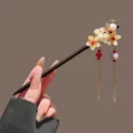Chinese style wooden hairpin with floral tassel design, elegant hair accessory for women. - Light Yellow Flower Red Bead Tassel Wooden Hair Stick