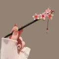 Vintage Chinese style wooden hair stick with pink flower and tassel for traditional Hanfu apparel. - Pink Cherry Blossom Tassel Style